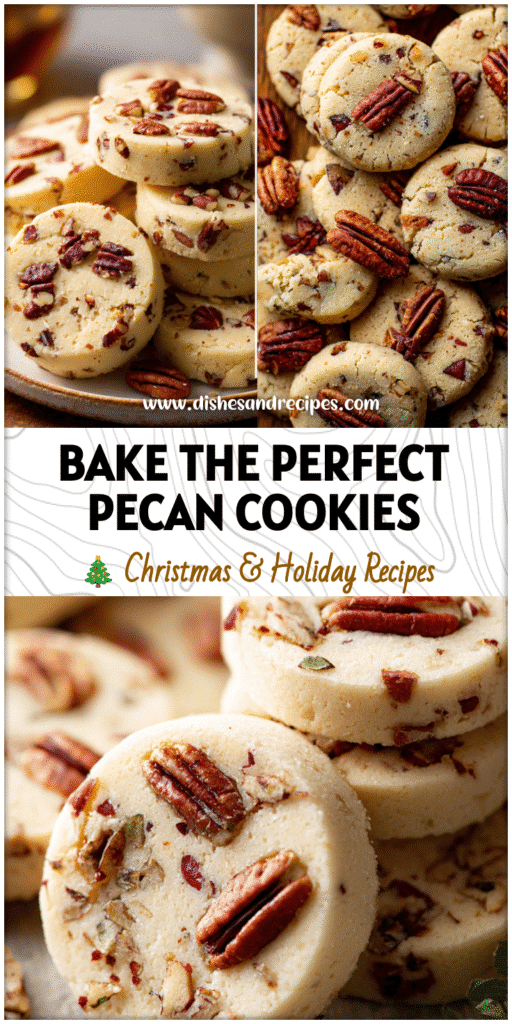 Close-up of butter shortbread pecan cookies with roasted pecans, styled for holiday baking and Christmas desserts.